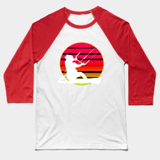 Retro Sunset KiteSurfer Riding A Wave White Silhouette Baseball T-Shirt